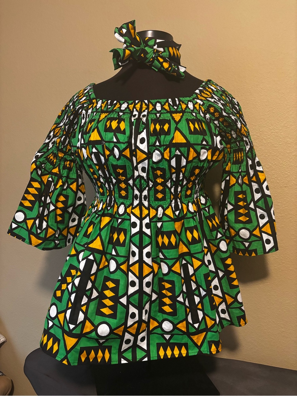 Off/OnShoulder Green Patterned Peasant Top